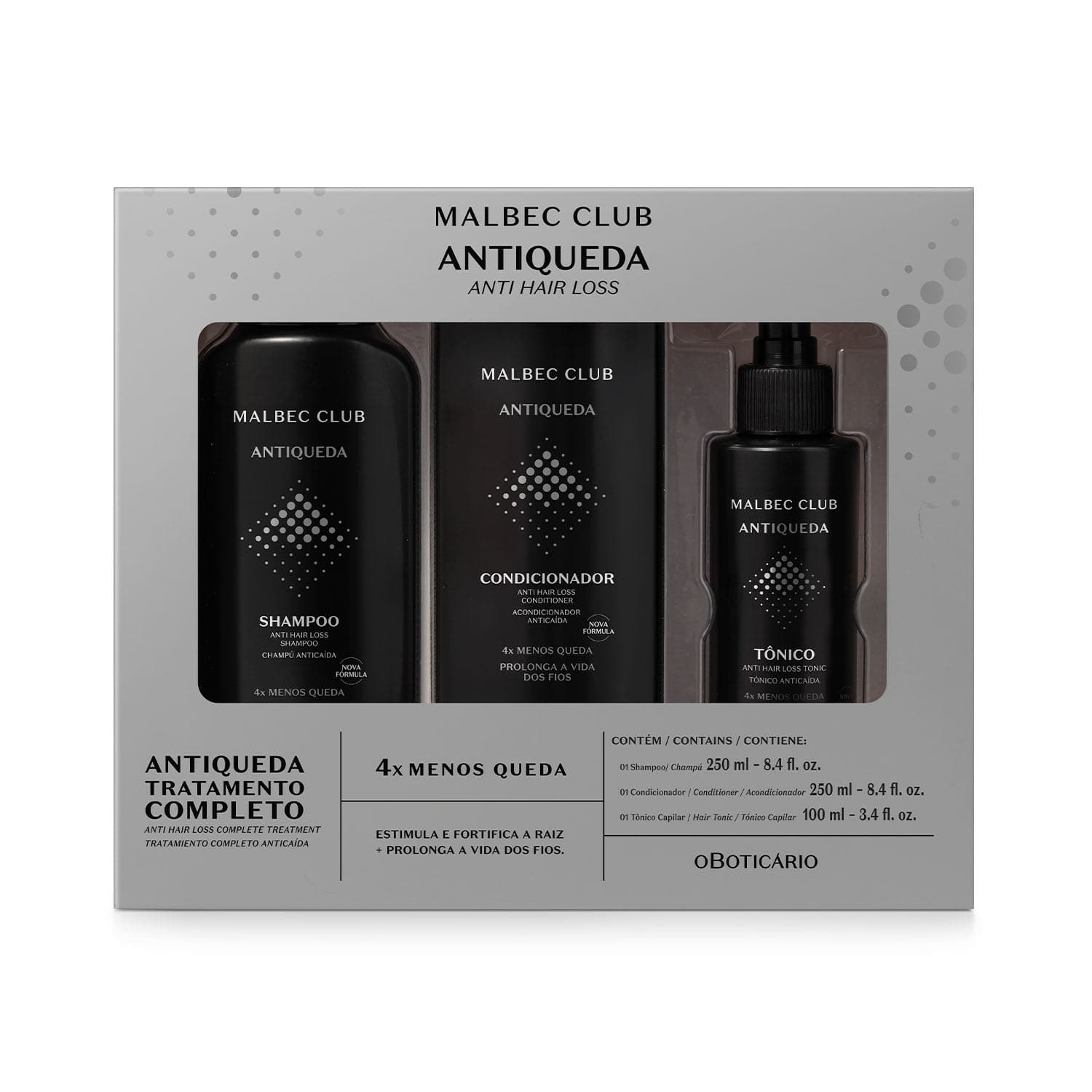 Kit Malbec Club Antiqueda: Shampoo 250Ml + Condicionador 250Ml + Tônico Capilar 100Ml