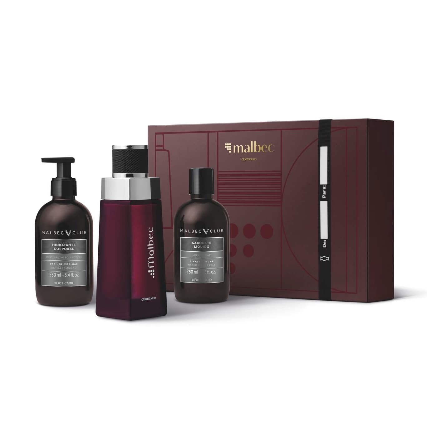 Kit Presente Malbec: Desodorante Colônia 100Ml + Loção Corporal 250Ml + Sabonete Líquido Corporal 250Ml